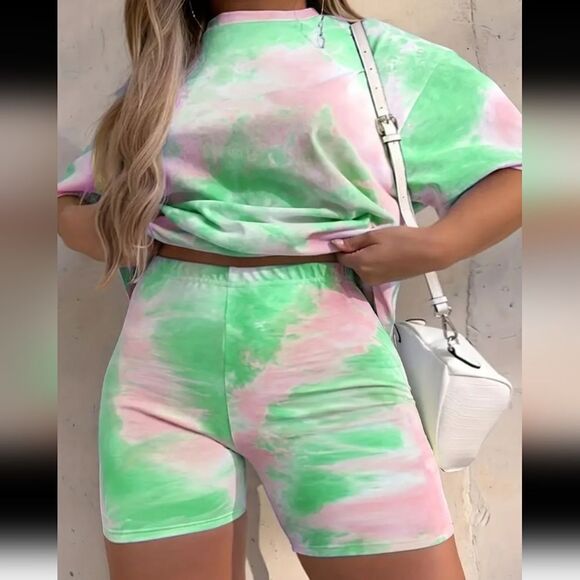 Plus Size Tie Dye Short Sleeve Top & Biker Short Sz 1X - Picture 5 of 8